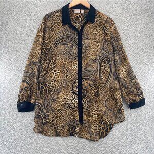 Chicos Top Womens 3 US Extra Large Brown Leopard Mix Button Collar Long Sleeve